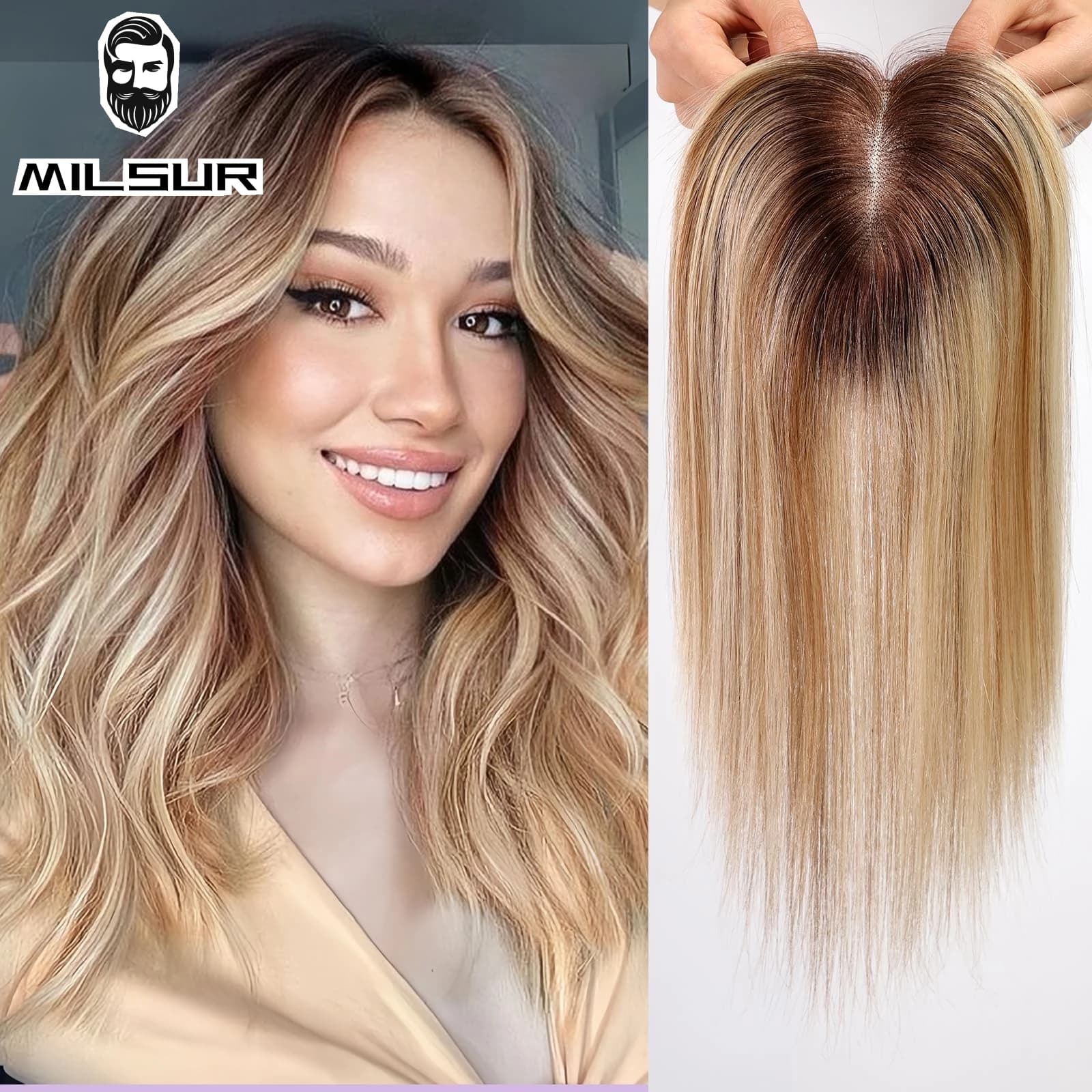 Topper Accessorio per capelli da donna 12x13 cm Clip in Topper Toppers per capelli umani lisci biondi Base in seta Posticci traspiranti