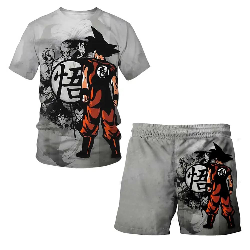 2026 Summer Dragon Ball Goku Ink Wash Go Symbol Cosplay T-shirt Suit 3D Print Retro Oversized T-Shirt & Shorts for Unisex Kids