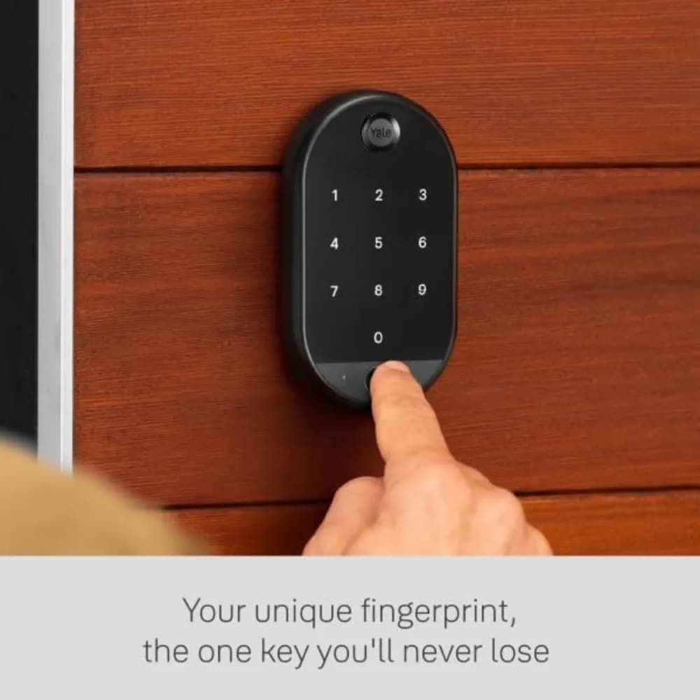 Serratura per porta d'ingresso intelligente senza chiave in pelle scamosciata nera con tastiera touchscreen connesso Wi-Fi e scanner biometrico delle impronte digitali