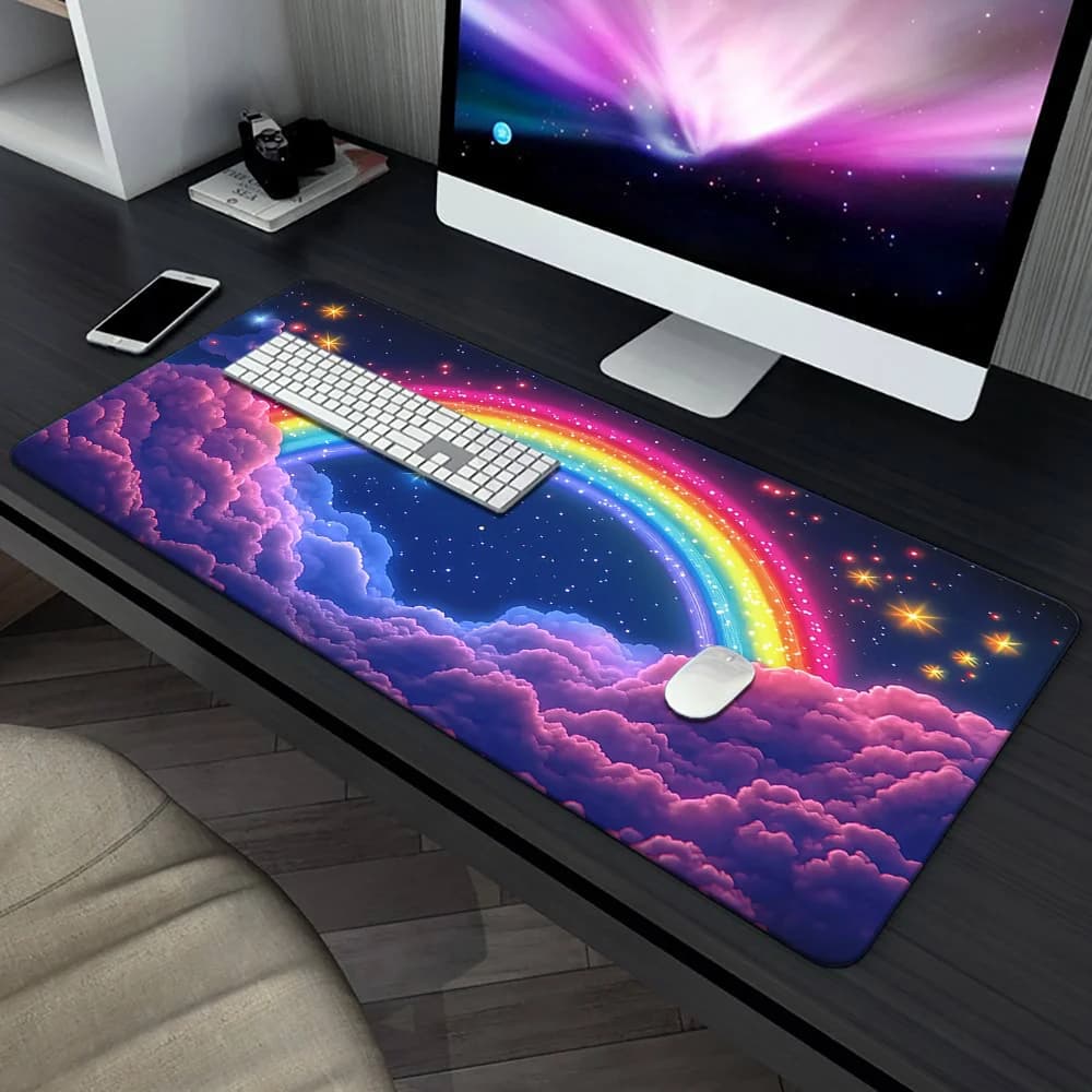 Tappetino da scrivania Rainbow Bridge, grande tappetino per mouse con stampa HD vivace, tappetino per tastiera da gioco con nuvole e stelle colorate per ufficio, laptop, PC, gamer