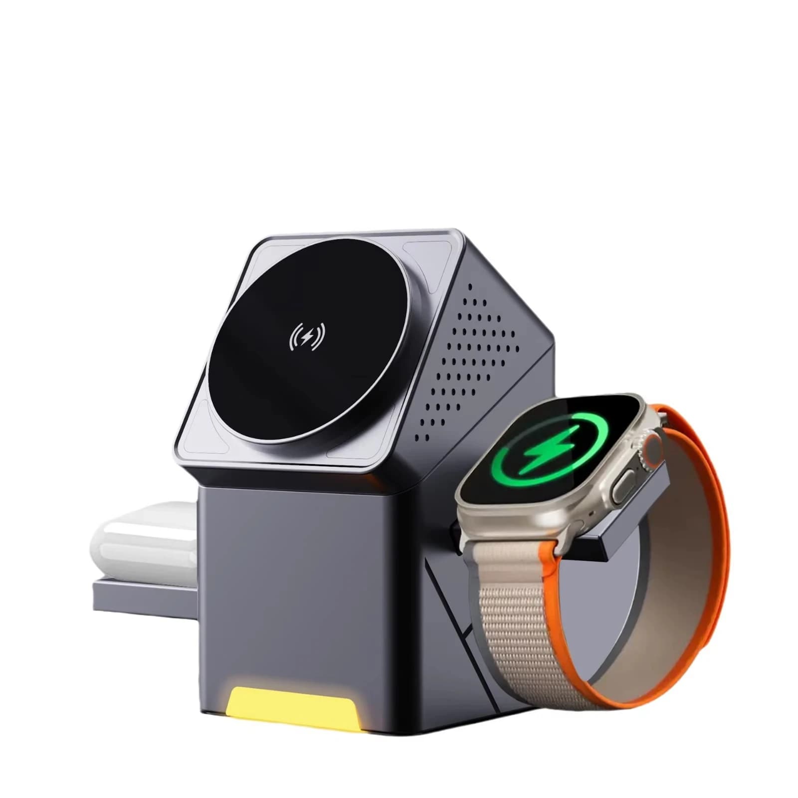 Stazione di ricarica wireless 3 in 1 per iPhone 12/13/1415/16, Apple Watch e AirPods Ricarica rapida da 15 W, supporto con rotazione automatica