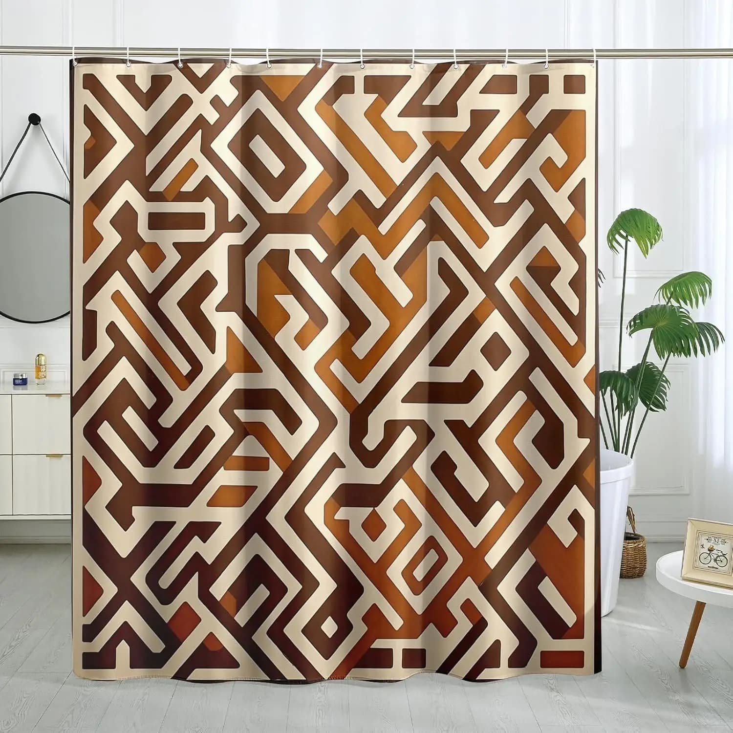 Tenda da Doccia Geometrica Kuba in Poliestere con Motivi Etnici Tribali Africani, Stile Rustico, per Bagno con Ganci