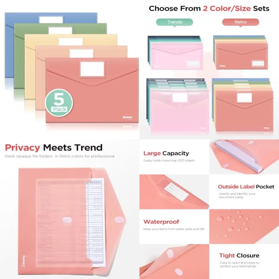 5 Pack Plastic Envelopes, Plastic File Folder, Folders for Documents Colors, Super Heavyweight Document Holder, Storage Pouches