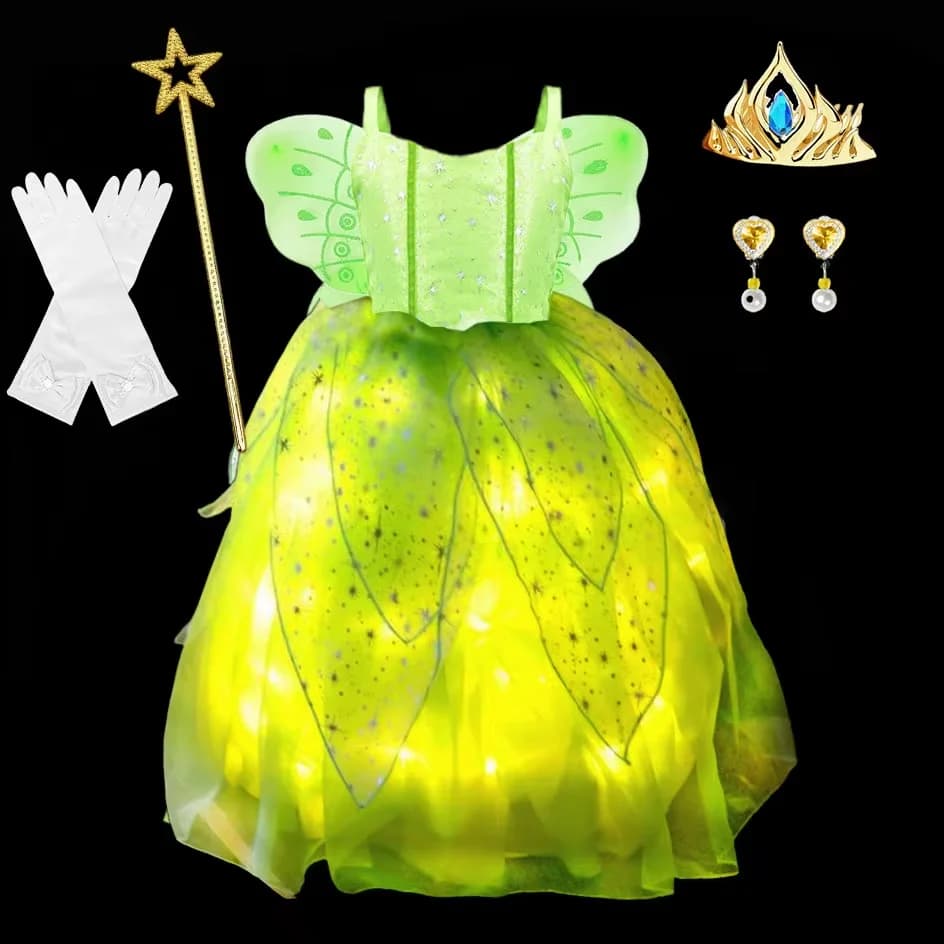Costume da fata illuminato per ragazze, abito da ballo verde da elfo fantasia, per bambini, farfalla, folletto, cosplay, abito da principessa delle fate + accessori