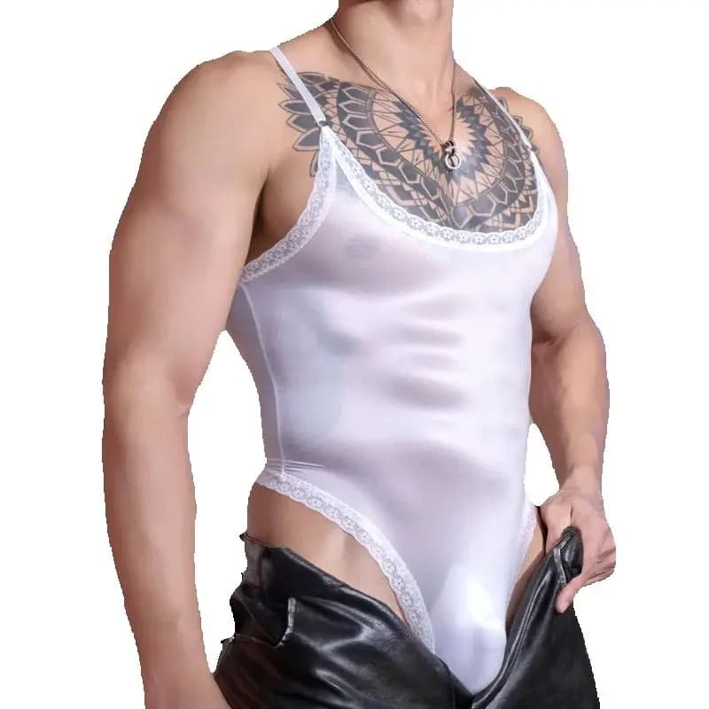 Body da uomo intero con fibbia, apertura all'inguine, sottoveste sottile trasparente, lingerie modellante, traspirante, liscia, velata, costume da bagno