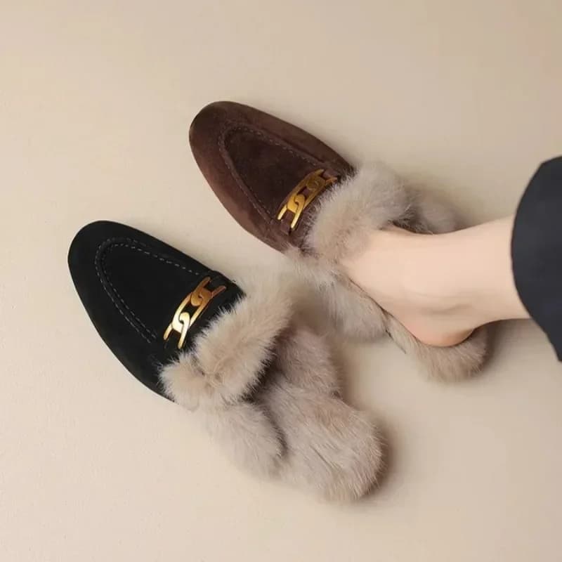 Pantofole invernali da donna in pelle scamosciata calda Pantofole di lusso di marca Scarpe basse 2025 Nuove infradito in peluche corte Scarpe di cotone firmate Mujer