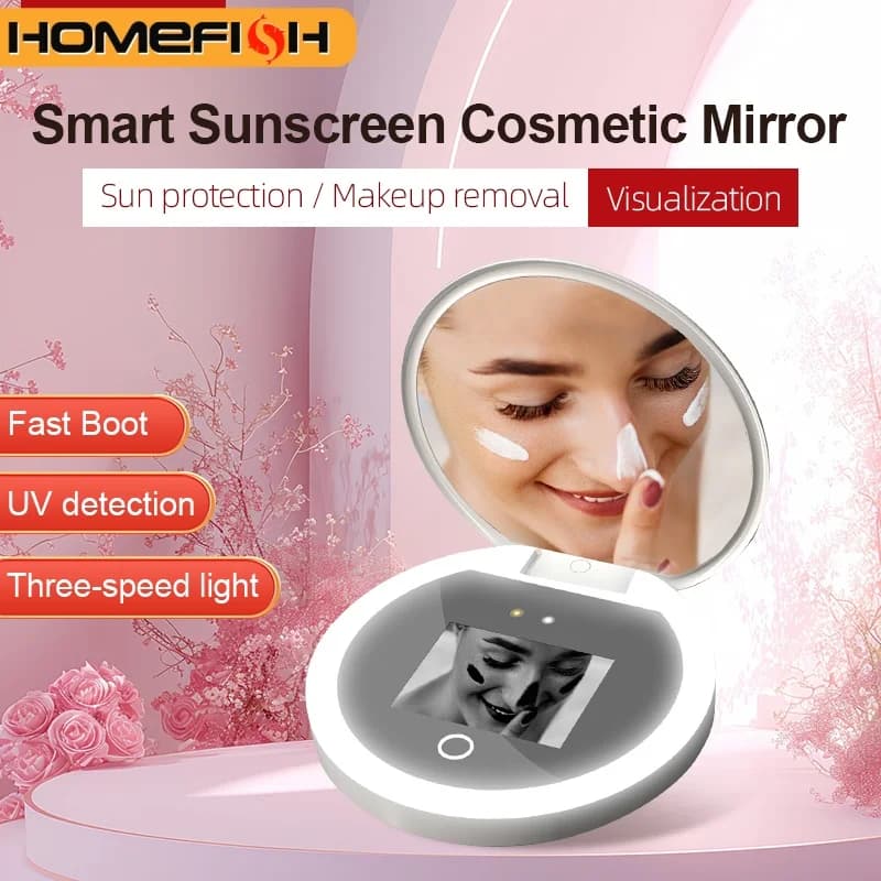 Specchio per il Trucco Intelligente con Luce LED e Protezione Solare, Portatile, con Fotocamera UV e Visualizzazione del Viso