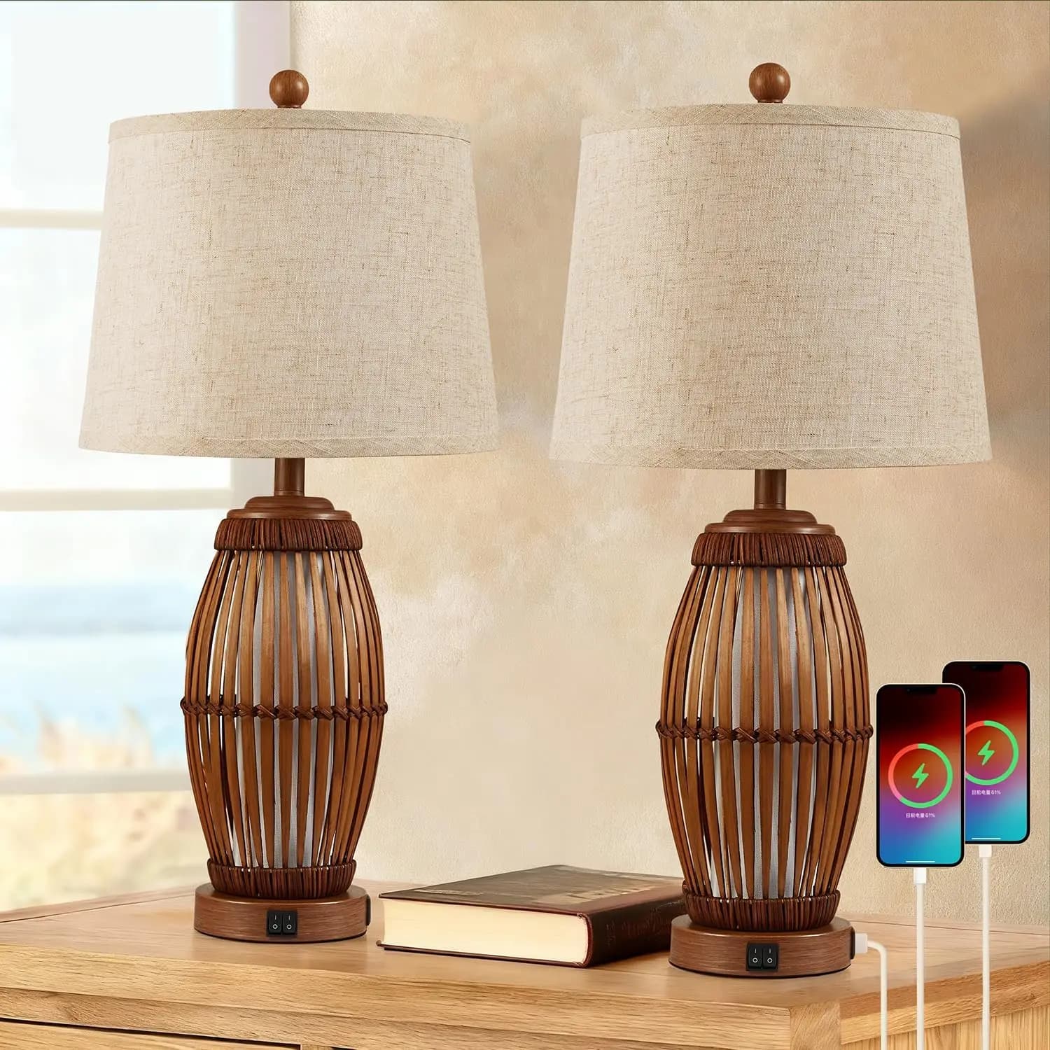 Set di 2 Lampade da Tavolo in Bambù Intrecciato da 27 Pollici, Lampade da Comodino in Rattan con Luce Notturna e Ricarica USB, Lampadine Incluse