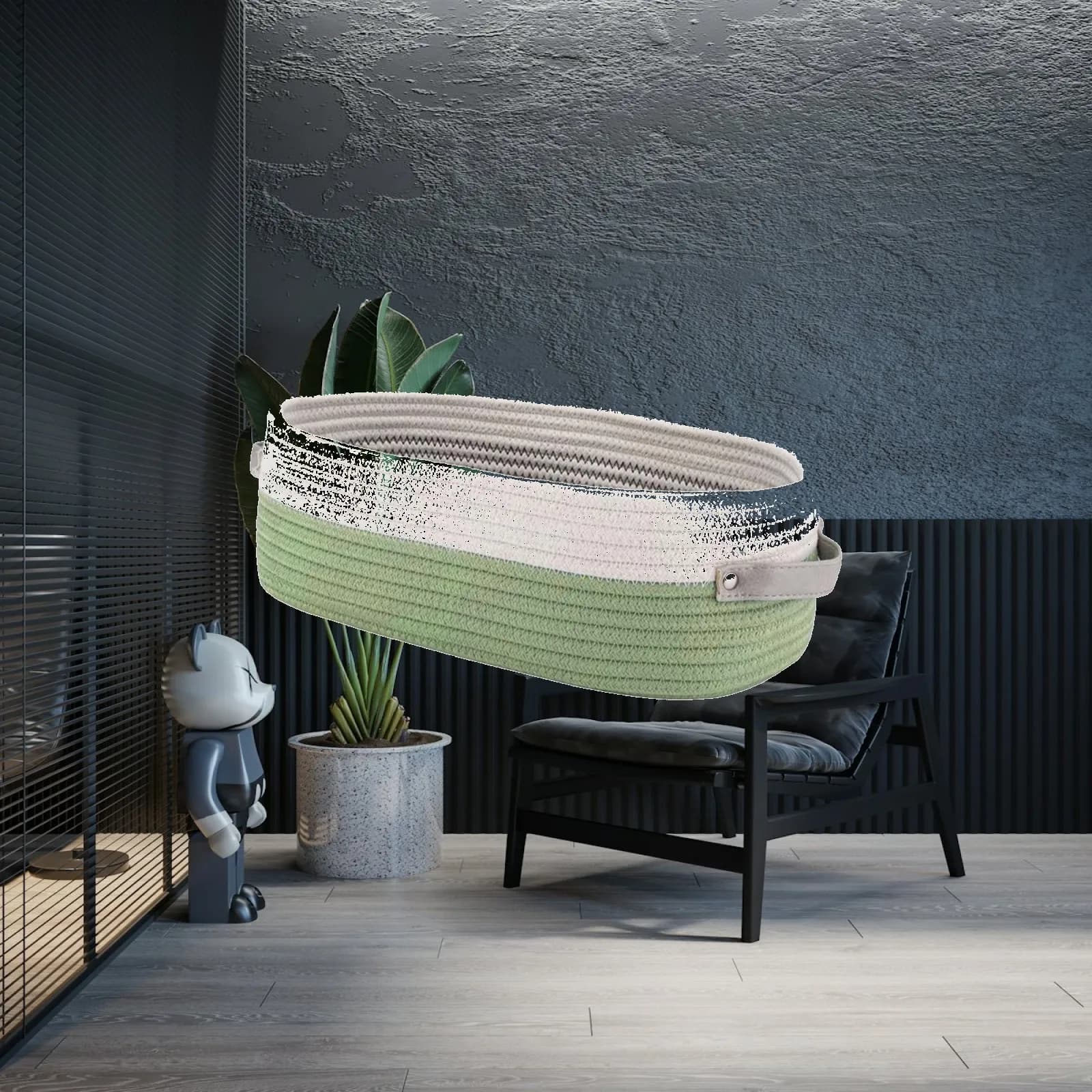 Cesto intrecciato con manici, organizer per il bagno, cestino per la spazzatura per camera da letto o tavolo.