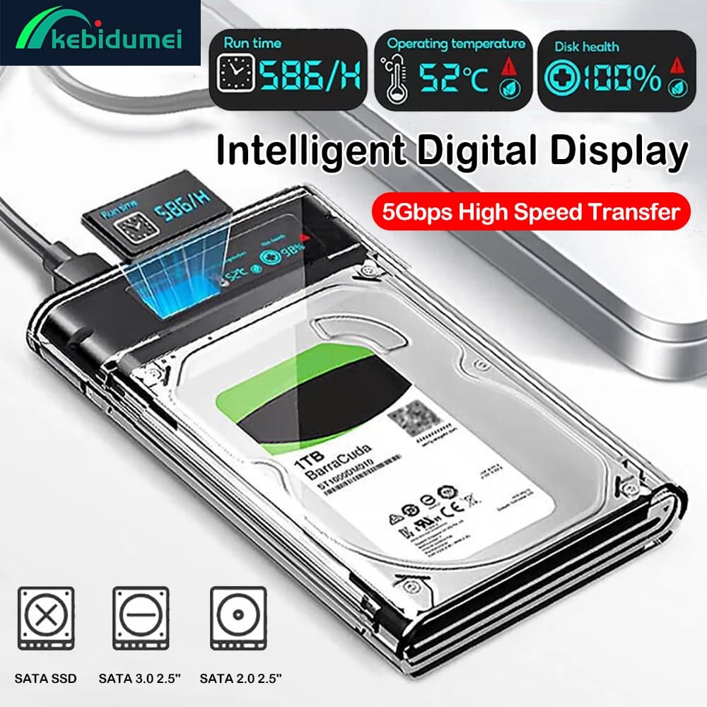 Custodia per HDD con display digitale intelligente trasparente SSD da 2,5 pollici SATA a USB 3.0 Adattatore SSD Scatola per disco rigido esterno senza attrezzi