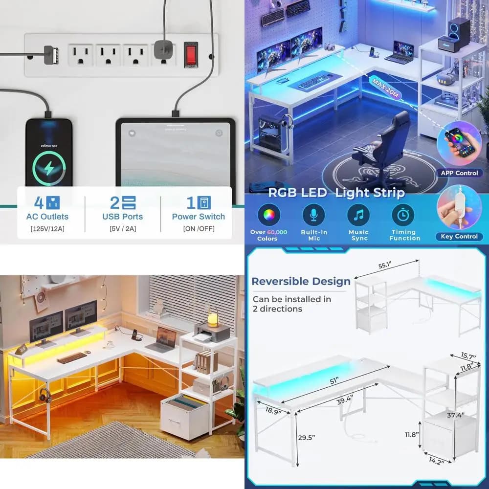 Scrivania a L Reversibile da 51 Pollici con Tessuto, Striscia LED, Ripiani Portaoggetti, Presa di Corrente e Ripiano per Monitor per Ufficio Domestico o Gaming