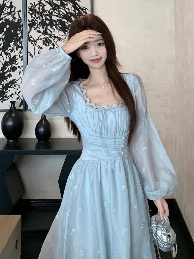 plus Size Embroidered Dress Elegant Waist-Cinching Long Skirt Square Collar City Walk Style French Fashion High Waist Long Sl...
