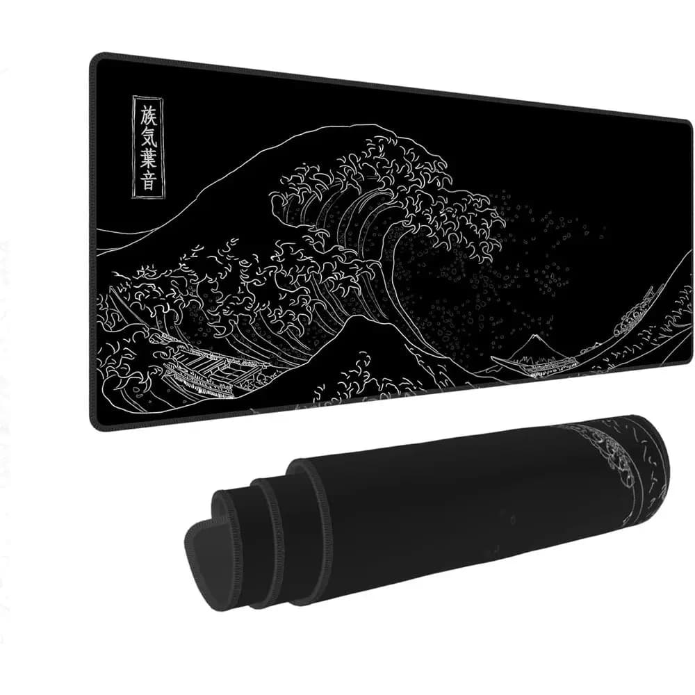 Tappetino per mouse da gioco Japanese Large Sea Wave, tappetino da scrivania nero con bordi cuciti, 31,5x12 pollici, accessorio per l'arredamento di ufficio e casa
