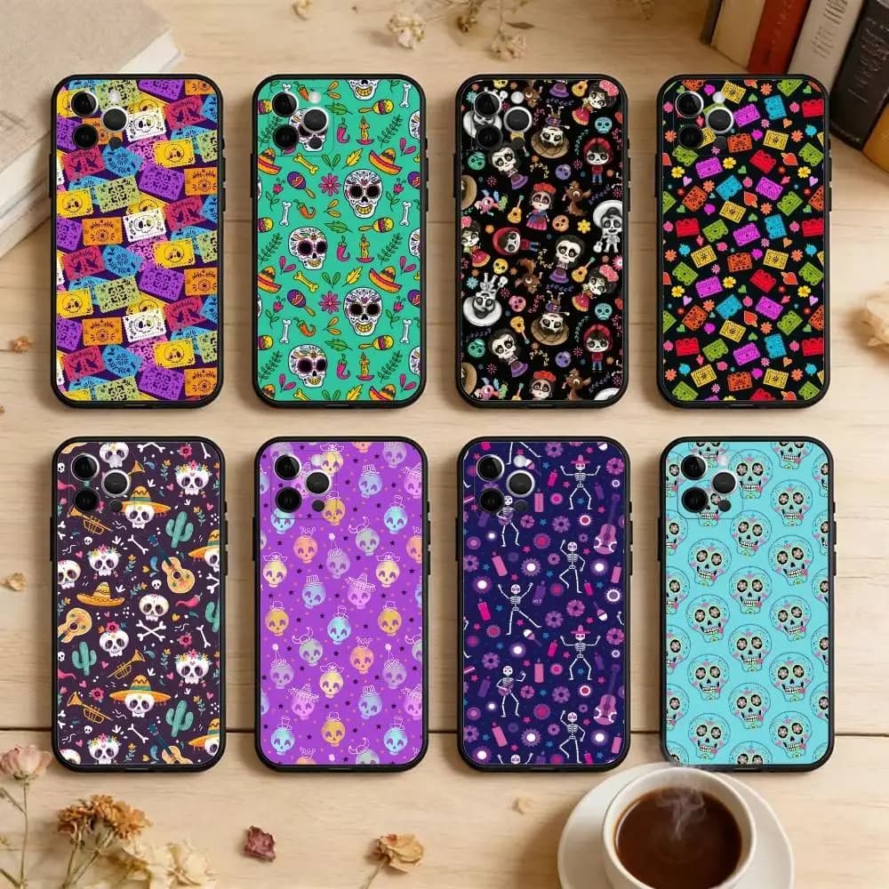 Cover per iPhone con motivo Day of the Dead, in morbido silicone nero, per modelli 17, 16, 15, 14, 13, 12, 11 Plus, Pro Max