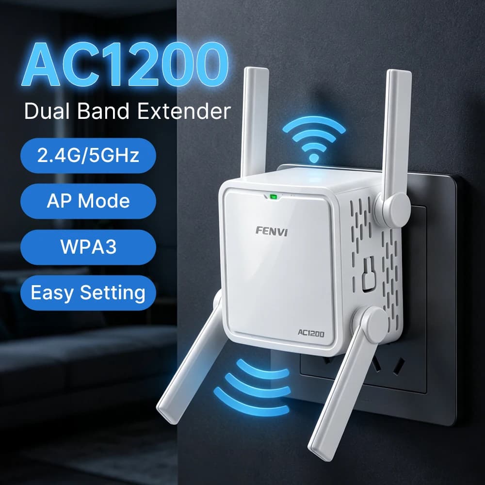 Fenvi AC1200 Ripetitore WiFi Dual Band 2.4G/5GHz 1200M, Amplificatore di Rete, Estensore di Segnale Wi-Fi, Booster di Portata