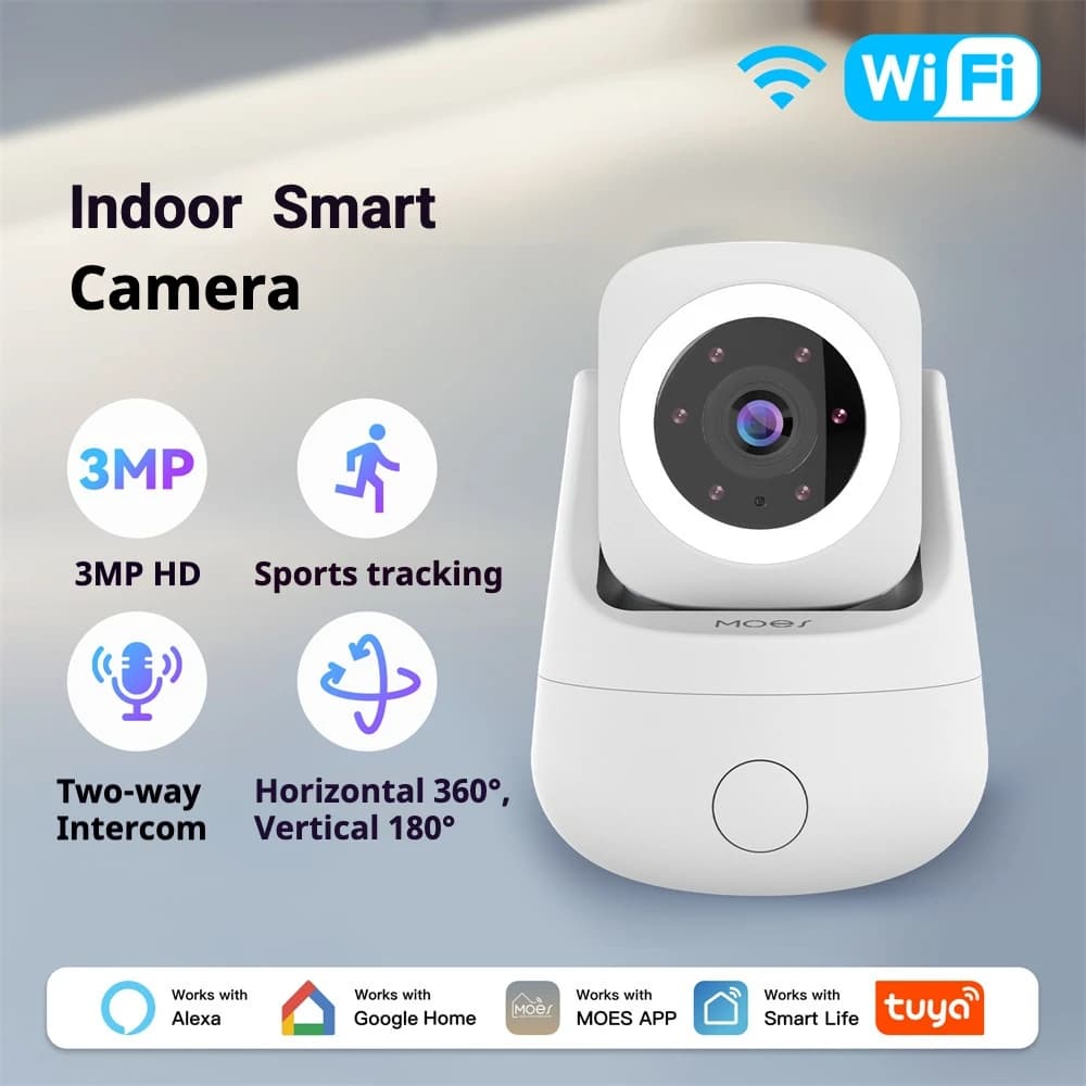 Telecamera Smart WiFi MOES Tuya per Interni, 3MP HD, Rotazione 360° ° Inclinazione 180° ° Telecamera di Sorveglianza Domestica Compatibile con Alexa e Google Home