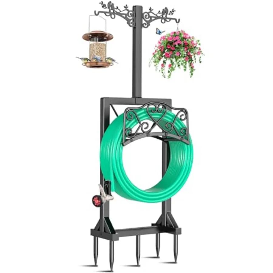 Supporto per Tubo da Giardino Autoportante Resistente con 2 Ganci a Cappio, Porta Tubo in Metallo Staccabile