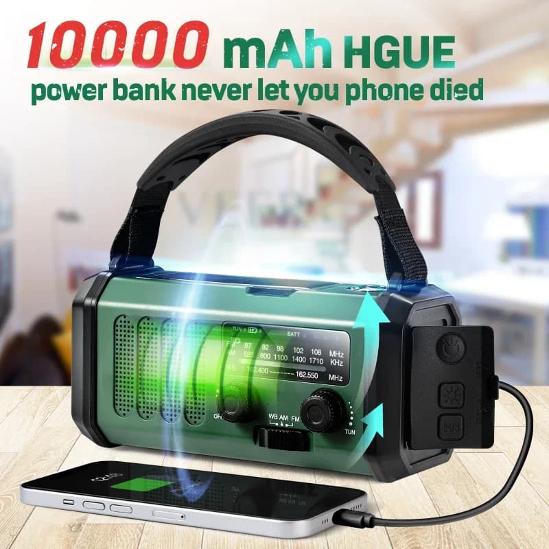 Torcia radio solare portatile multifunzionale Manovella Generazione di energia di emergenza Ricarica USB Batteria da 10000 mAh