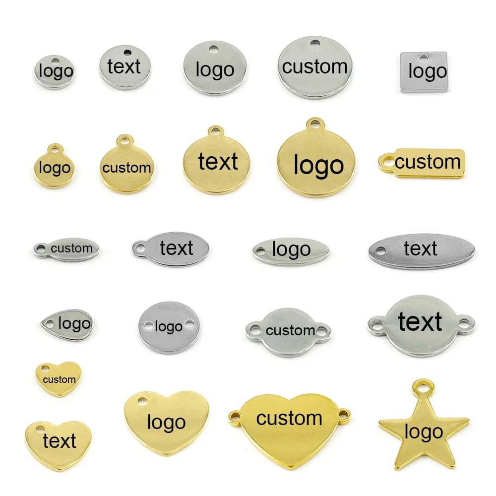 100-200 pz personalizzato Pandant in acciaio inox vuoto timbratura targhette per cani Charms acciaio oro colore Tag personalità incisione Laser LOGO