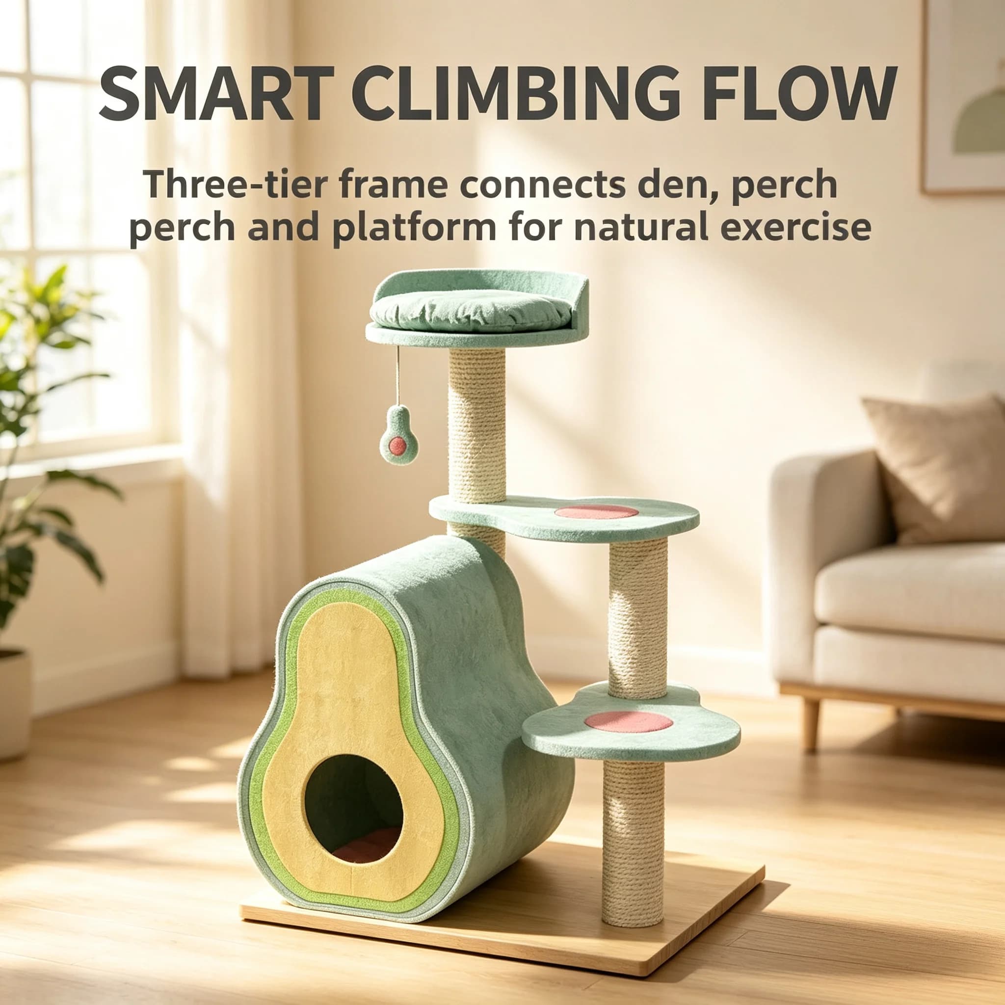 Large Cat Tree with Hidden Condo Avocado Shape Cat Tower Scratching Post Climbing Activity Center for Indoor Cats