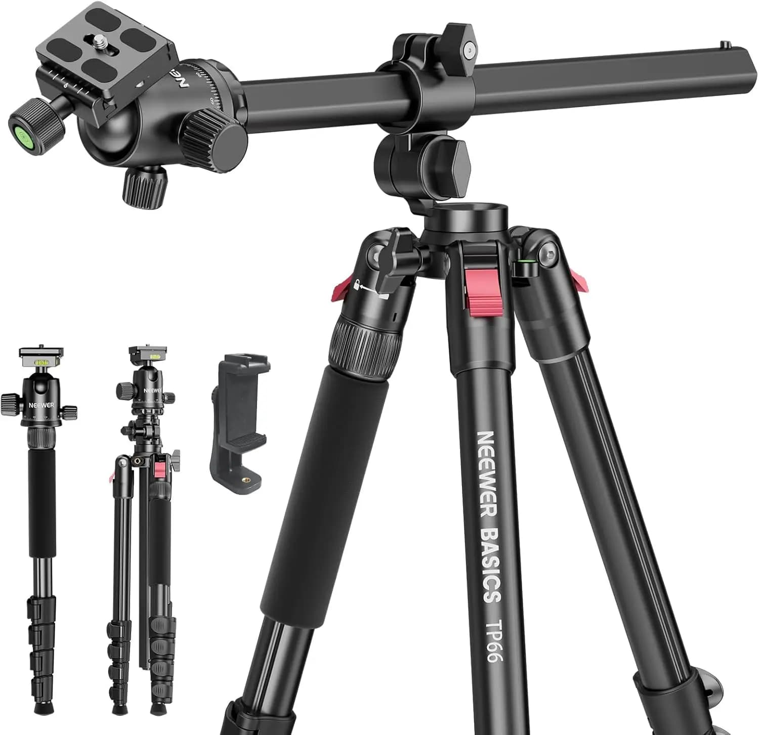 Treppiede sopraelevato da 64,5" con testa a sfera e supporto per telefono per video iPhone, supporto da viaggio in alluminio, 360 ° Padella, 180 ° Inclinazione, carico da 22 libbre