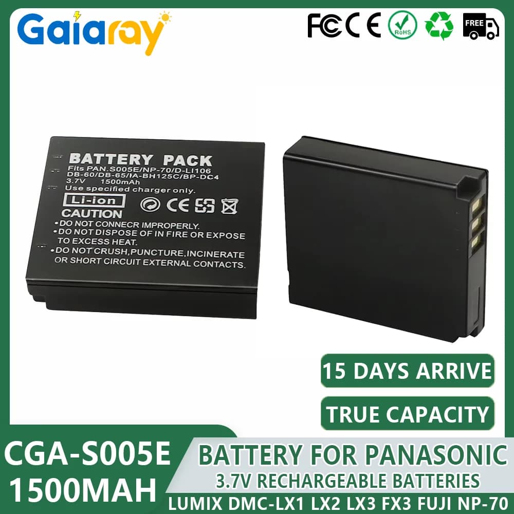 Rechargeable 1500 mAh CGA-S005E S005 DMW-BCC12 Camera battery Panasonic Lumix DMC-LX1 LX2 LX3 FX3 FUJI NP-70 DB60