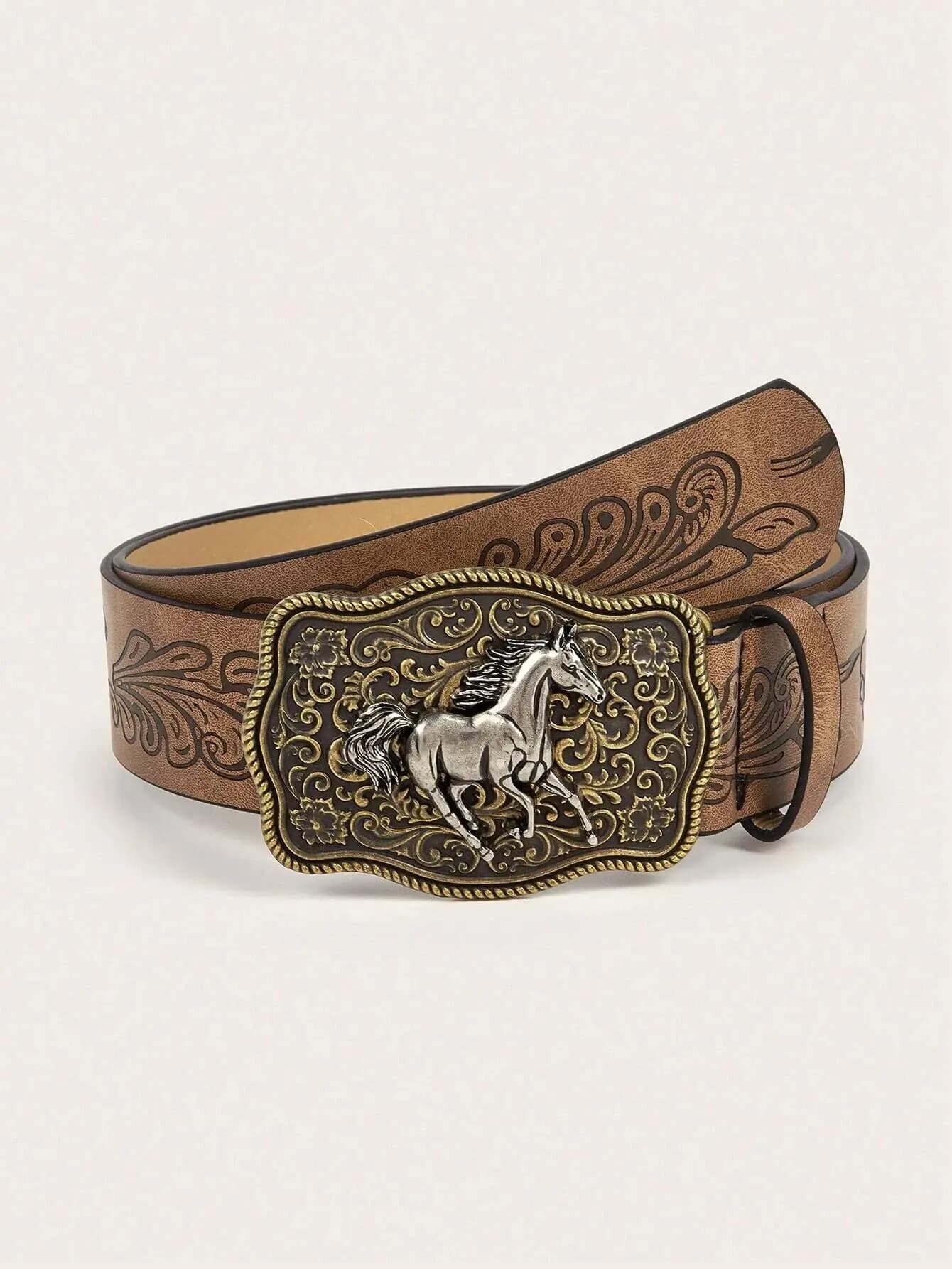 1 cintura da uomo in stile western con fibbia dorata antica a forma di cavallo e stampa floreale, adatta per l'uso quotidiano.