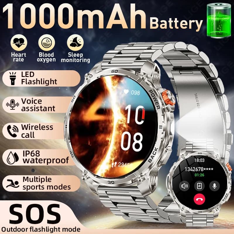 LIGE Nuovo Smartwatch da Uomo 1000mAh in Acciaio, Fitness Tracker Sportivo con Torcia LED, Impermeabile 3ATM, Chiamate BT, Compatibile con Android iOS