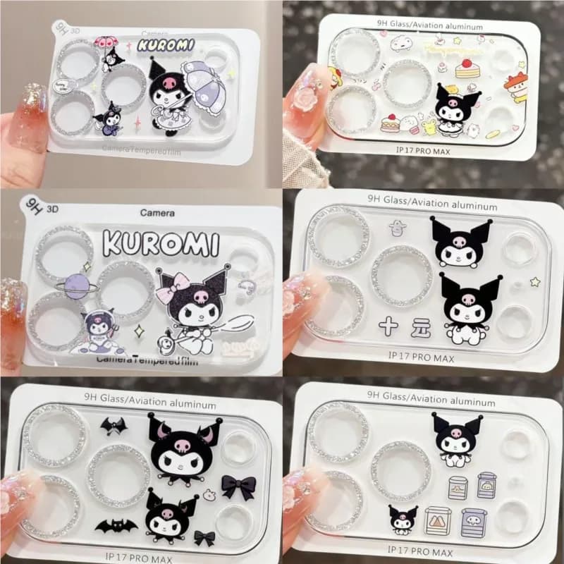 Cute Kuromi Camera Lens Protector for iPhone 17 Pro Max 17 Pro 3-in-1 Full Cover Glitter Film HD Clear Tempered Glass