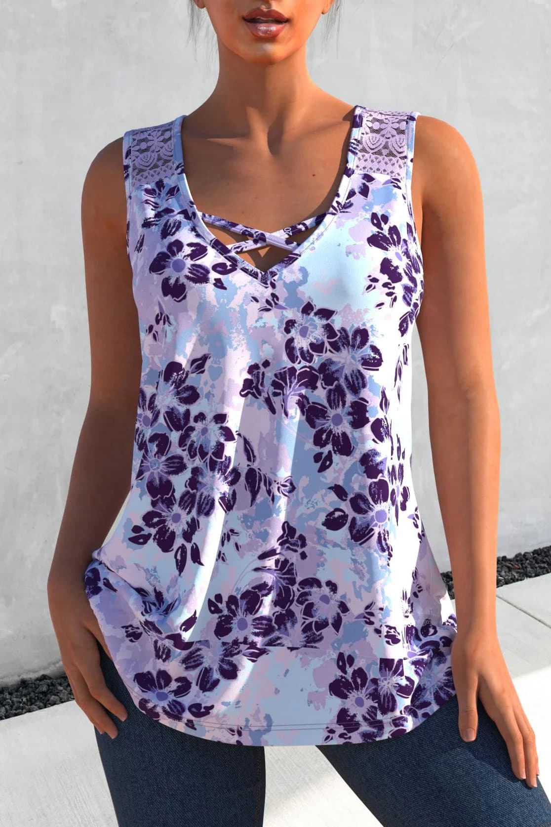 Canotta casual con cuciture in pizzo con stampa floreale e cinturino incrociato taglie forti