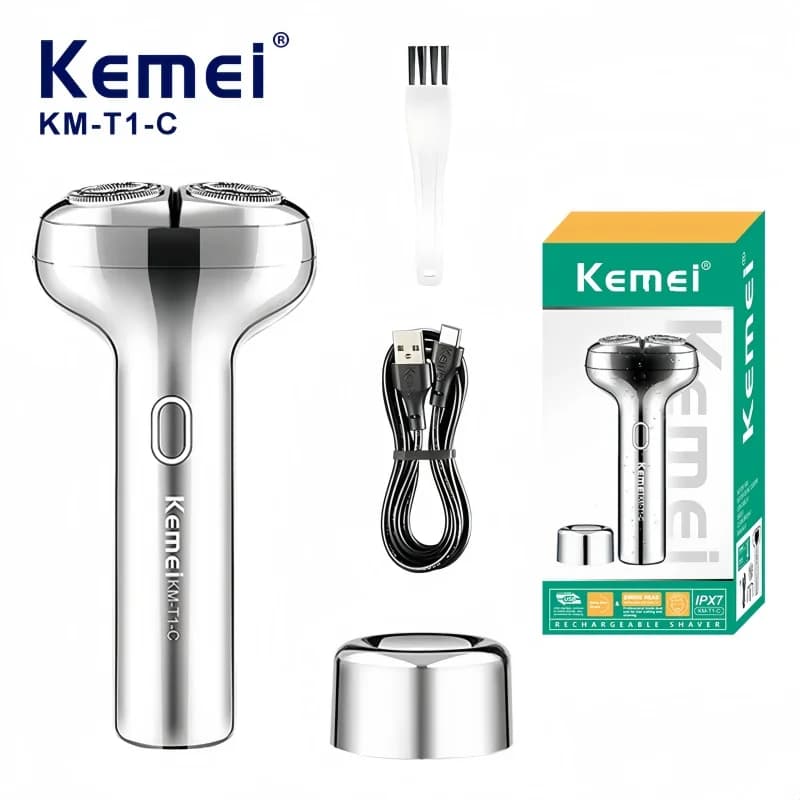 Kemei KM-T1-C Portable electric shaver – Floating net with double ring blade, IPX7 waterproof, magnetic shaving head, men's rulebarba