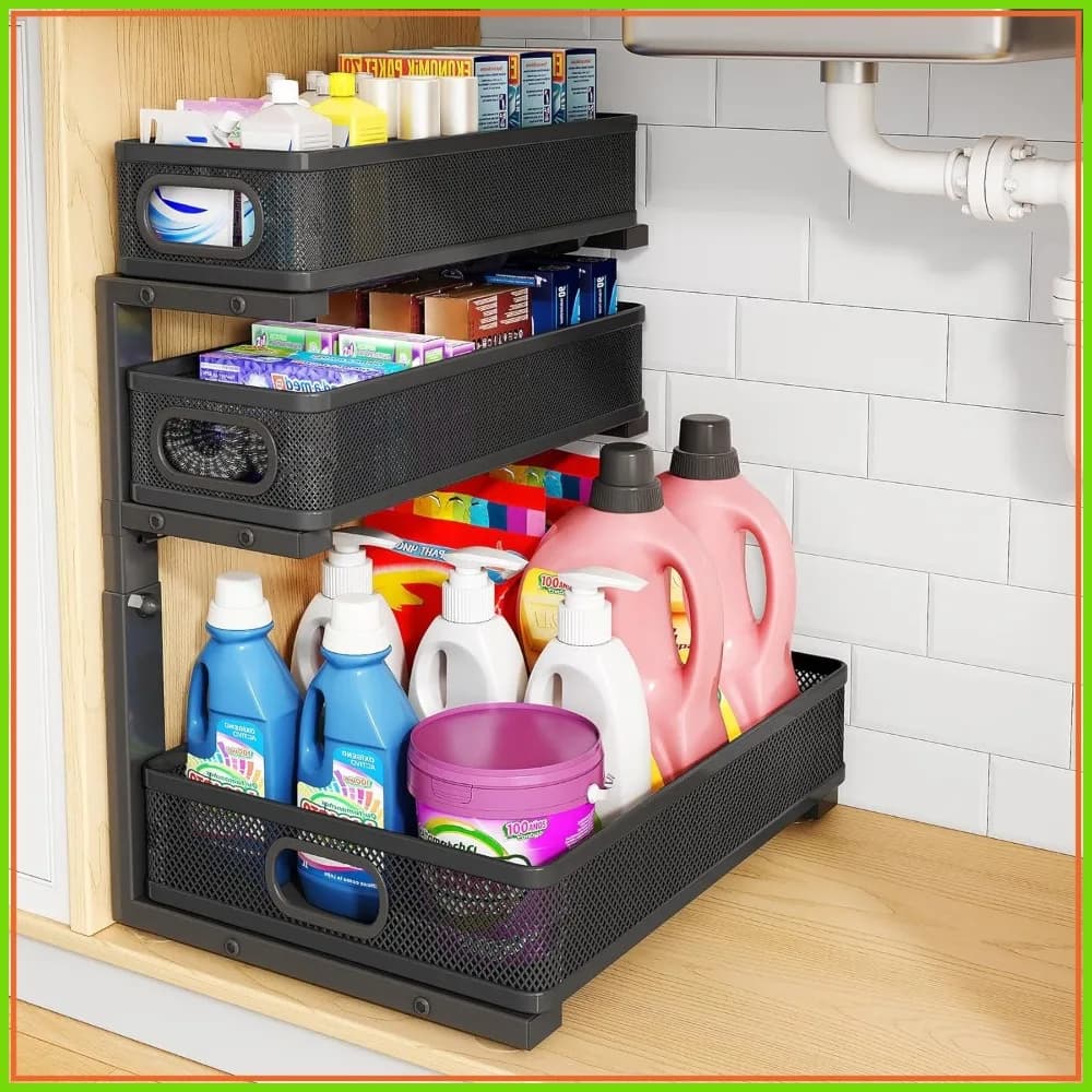 Organizzatore Sottolavello, Scaffale Estraibile a 3 Livelli, Ripiano Regolabile in Altezza per Cucina, Bagno, Dispensa, Lavanderia