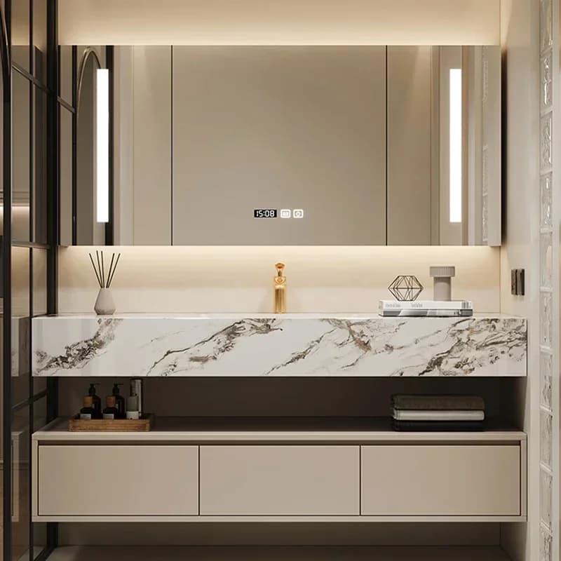Scaffali di lusso Armadi da bagno aperti con lavabo Vanity Storage Armadi da bagno Mobili da bagno stile crema Gabinetti LLBC