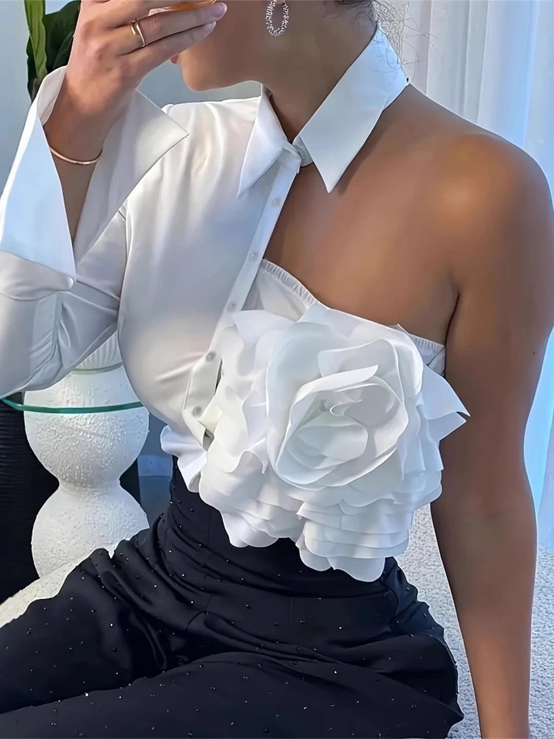 Elegante Top Floreale Aderente Monospalla con Manica Lunga per Donna, Blusa Casual Estiva Primaverile