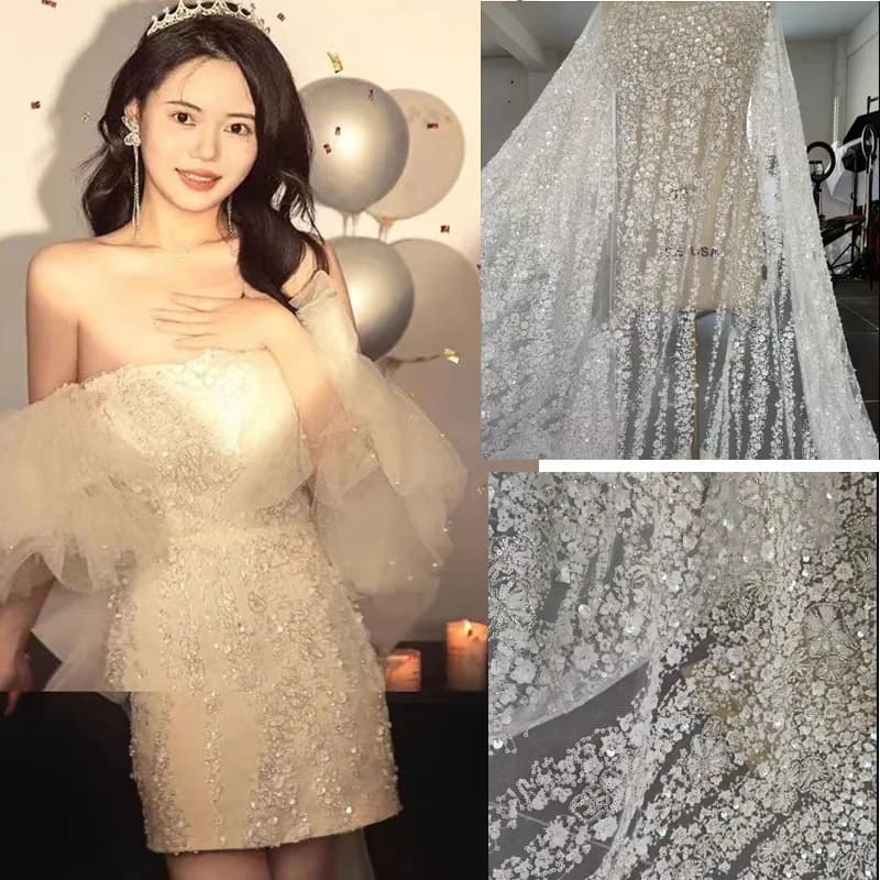 1Meter 130Cm Wide New Ivory White Beaded Sequin Mesh Lace Fabric DIY Fairy Style Tulle Material for Dress Gown Curtain F110