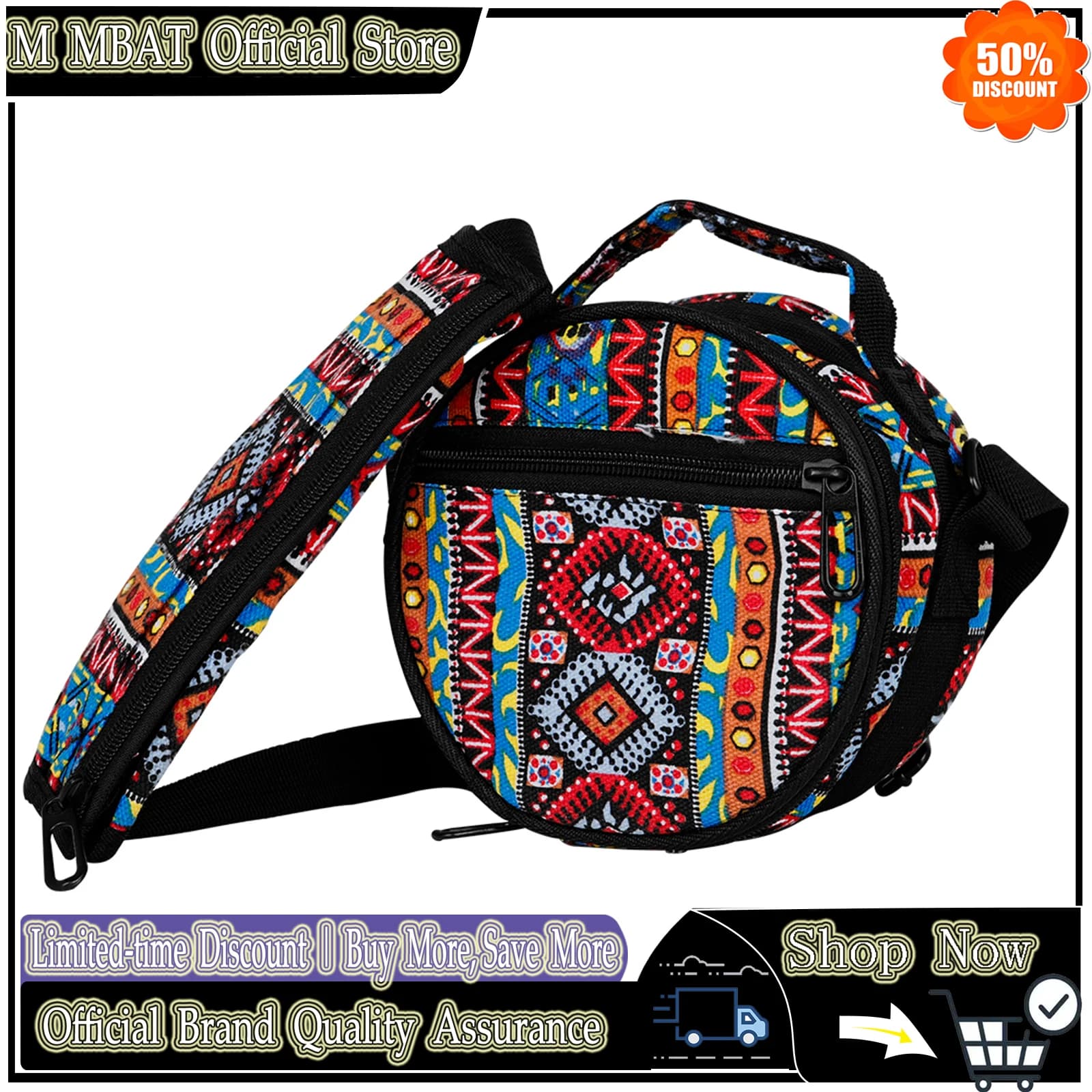 6.5" Ethnic Style Steel Tongue Drum Bag Colorful Oxford Cloth Carrying Case with Shoulder Strap Padded Handpan Drum Bag