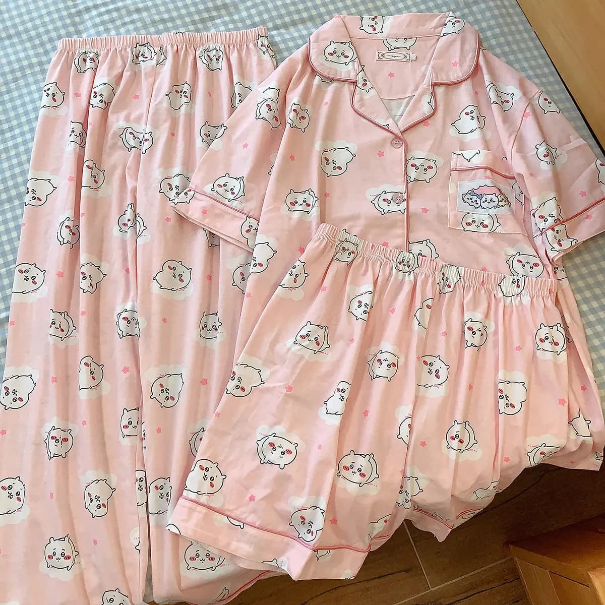 3Pcs Anime Chiikawa Women Pajama Set Cartoon Hachiware Lapel Short Sleeve Top Shorts Long Pants Soft Kawaii Girls Homewear Gift