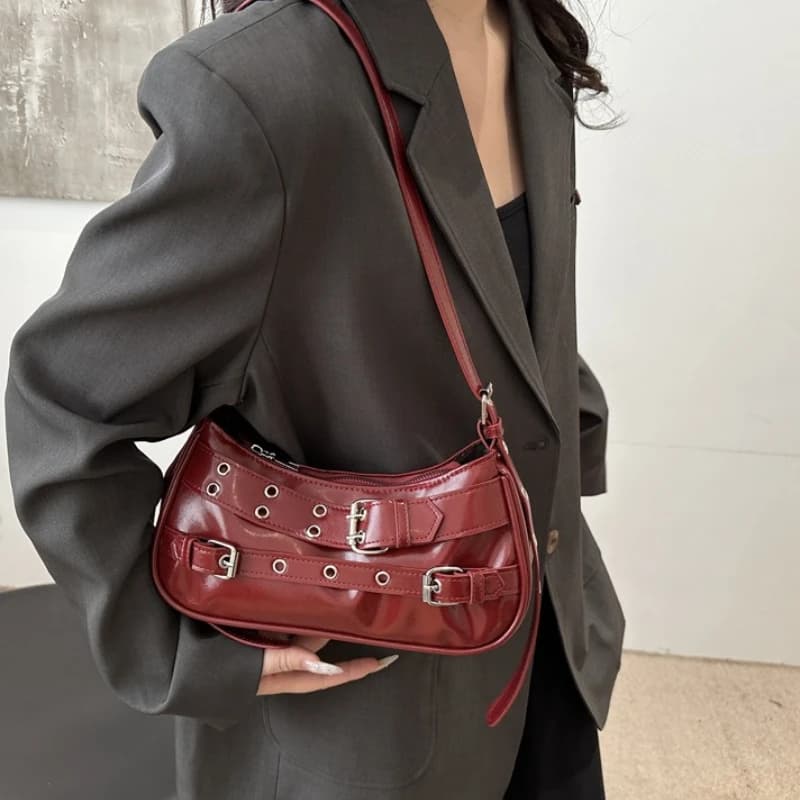 Chic Y2K Women Underarm Bag with Double Belt Buckle,Adjustable Strap,Trendy Punk Inspired Handbag, for Casual Shoulder Purse