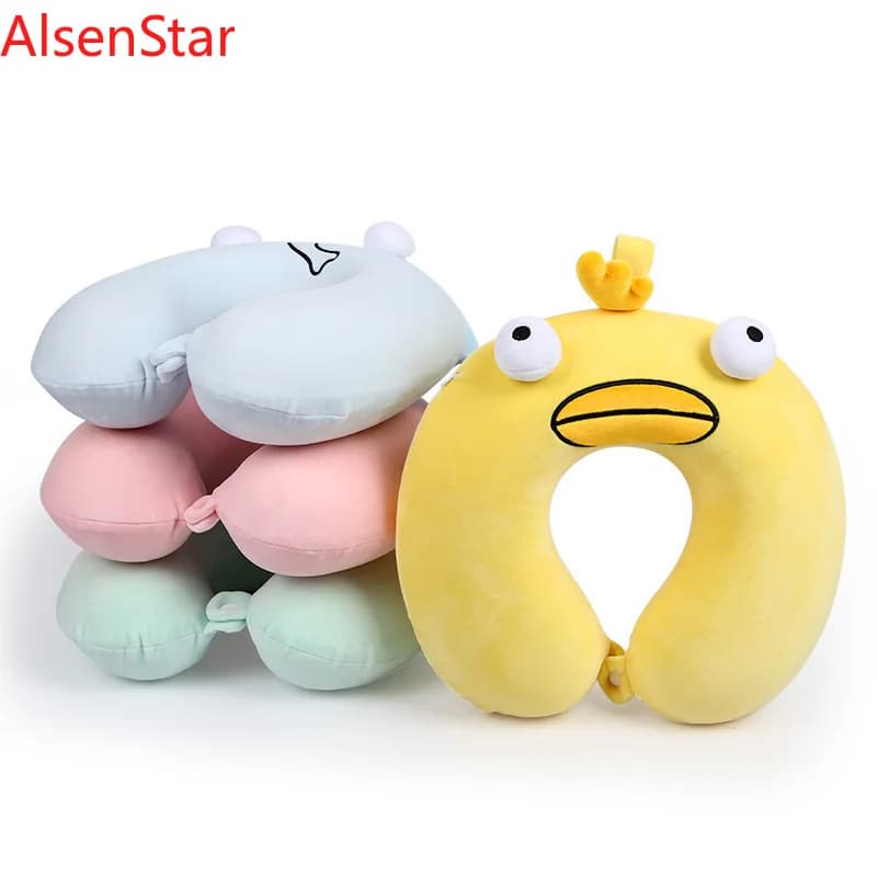 Cuscino da viaggio a forma di U con animali dei cartoni animati, in peluche, portatile, in memory foam a lento ritorno, per auto, per pisolini, per studenti, per il riposo durante il pranzo