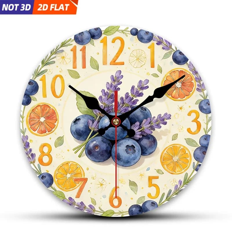 2D Piatto. 1 pezzo. Orologio da parete in stile mirtillo, lavanda e arancione, orologio decorativo silenzioso, orologio da parete creativo, decorazione