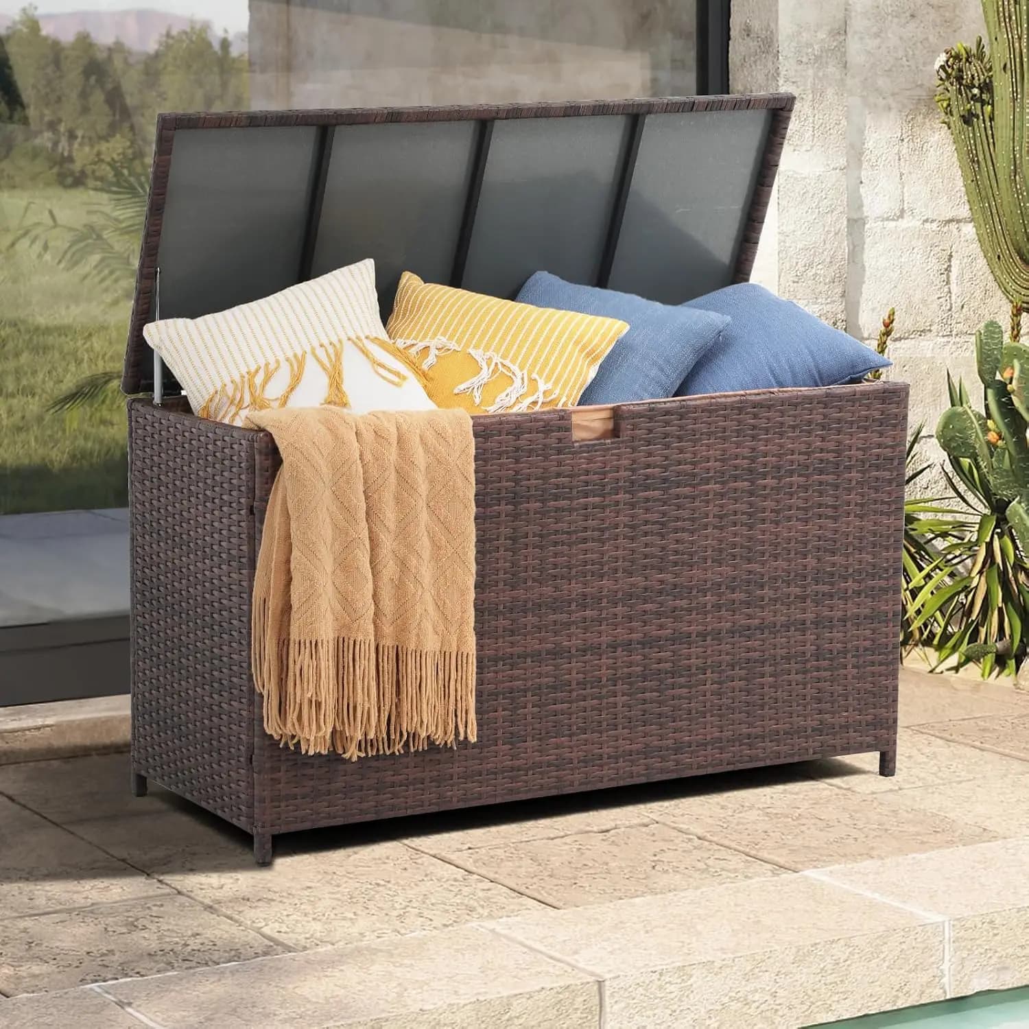 Outdoor Wicker Storage Box 120 Gallon Capacity, All Weather Outside Storage Bin With Waterproof Liner And Gas Struts, Heavy Duty Patio Deck Lockers For Garden Pool Yard, Brown