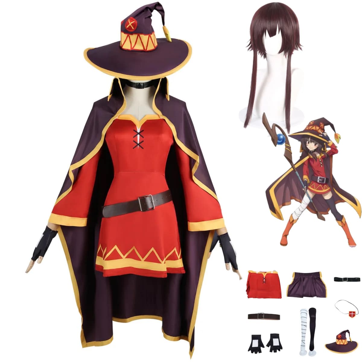 Costume Cosplay Megumin di God's Blessing on This Wonderful World Stagione 3, Mantello Rosso, Vestito, Cappello, Parrucca, Abito Natalizio Carino per Donna