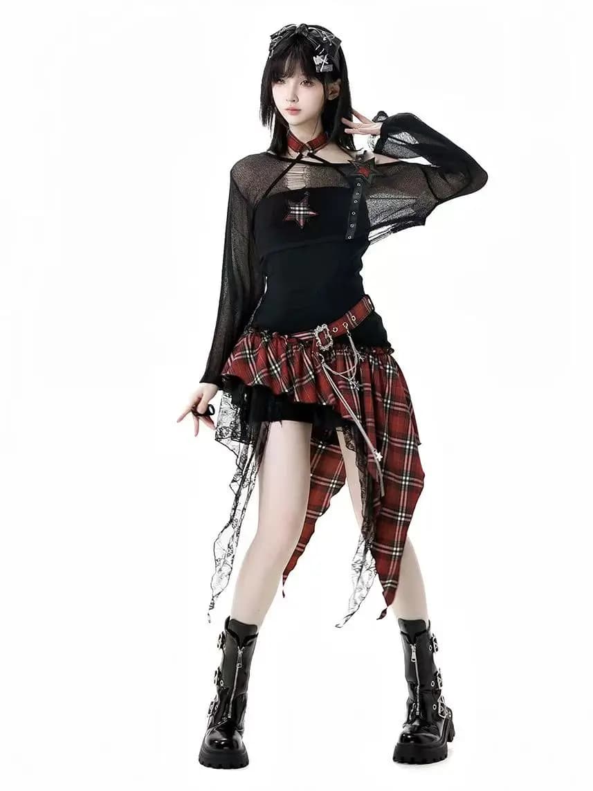 Gothic Hot Girl American Fashion 2 Piece Set Women Black Blouse + Chic Irregular Dress New Pure Desire Slim Vintage Suit Summer
