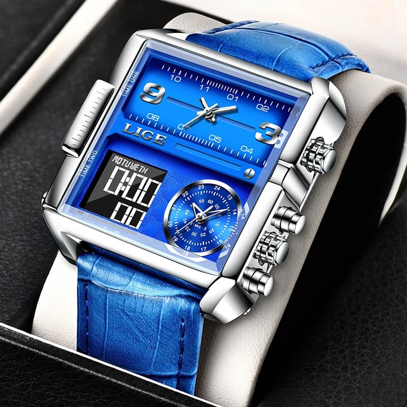 LIGE Men's Fashion Quadrato Fashion Blue Leather Strap Calendar Quartz Watches Men's Watch With Digital Chronograph LED Display