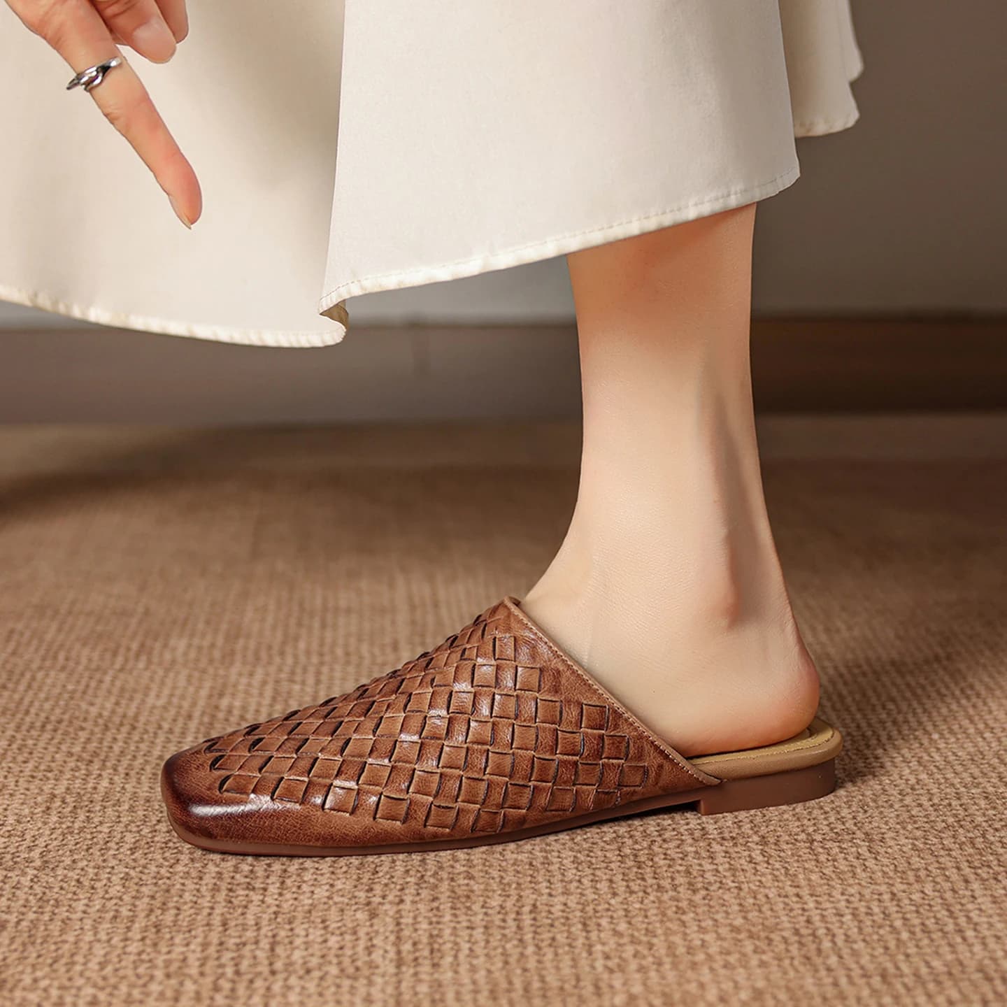 2026 new summer women sandals natural leather 22-25cm weave cowhide+sheepskin square toe mules low heel women slippers fashion