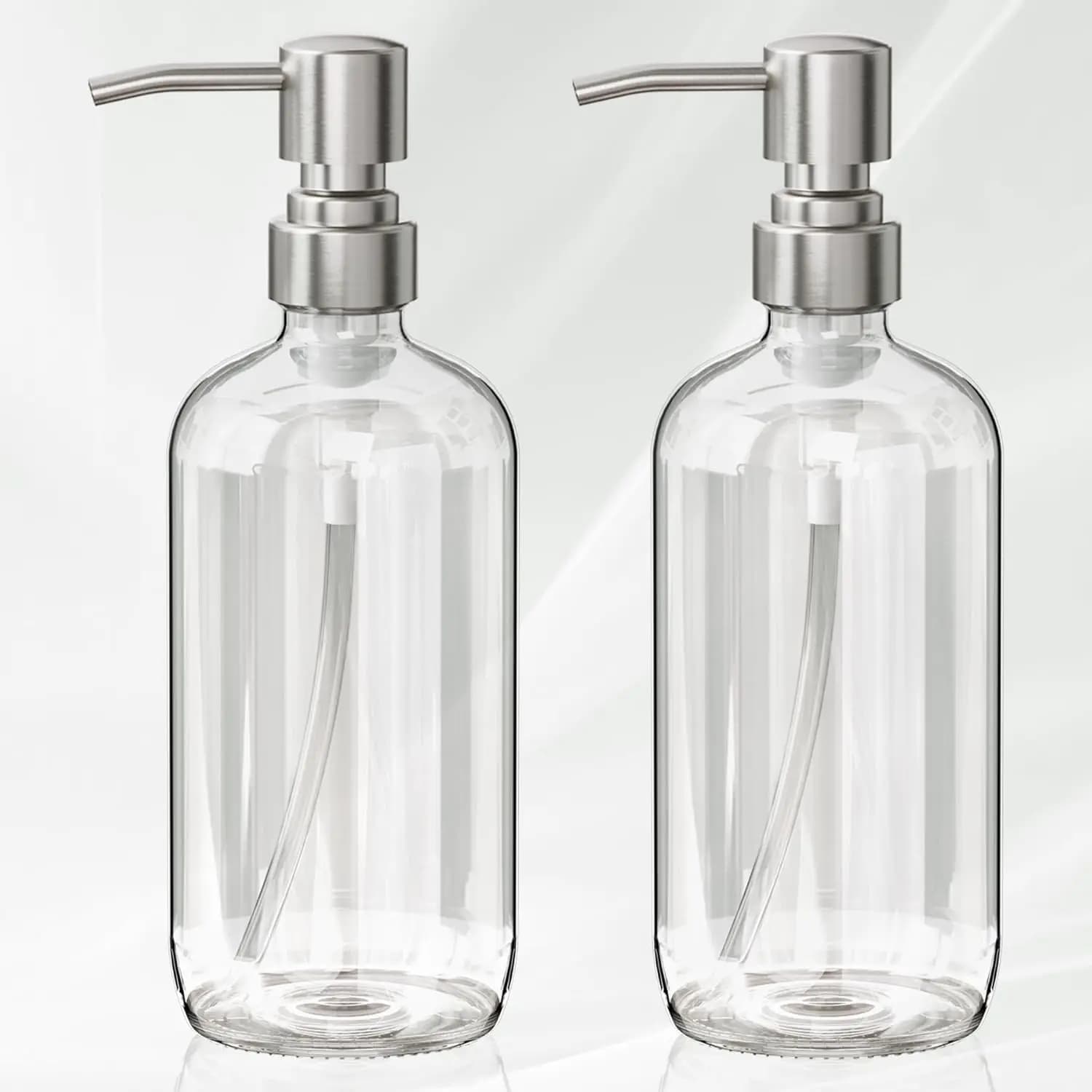 Set di 2 Dispenser di Sapone in Vetro con Pompa in Acciaio Inox, Bottiglie Trasparenti da 500 ml per Sapone Liquido, per Bagno e Cucina