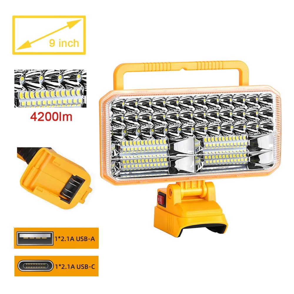 Lampada da lavoro portatile a LED da 40 W compatibile con batteria al litio Dewalt da 18 V (solo utensile) Torcia da esterno da 4200 lumen con USB da 9 pollici