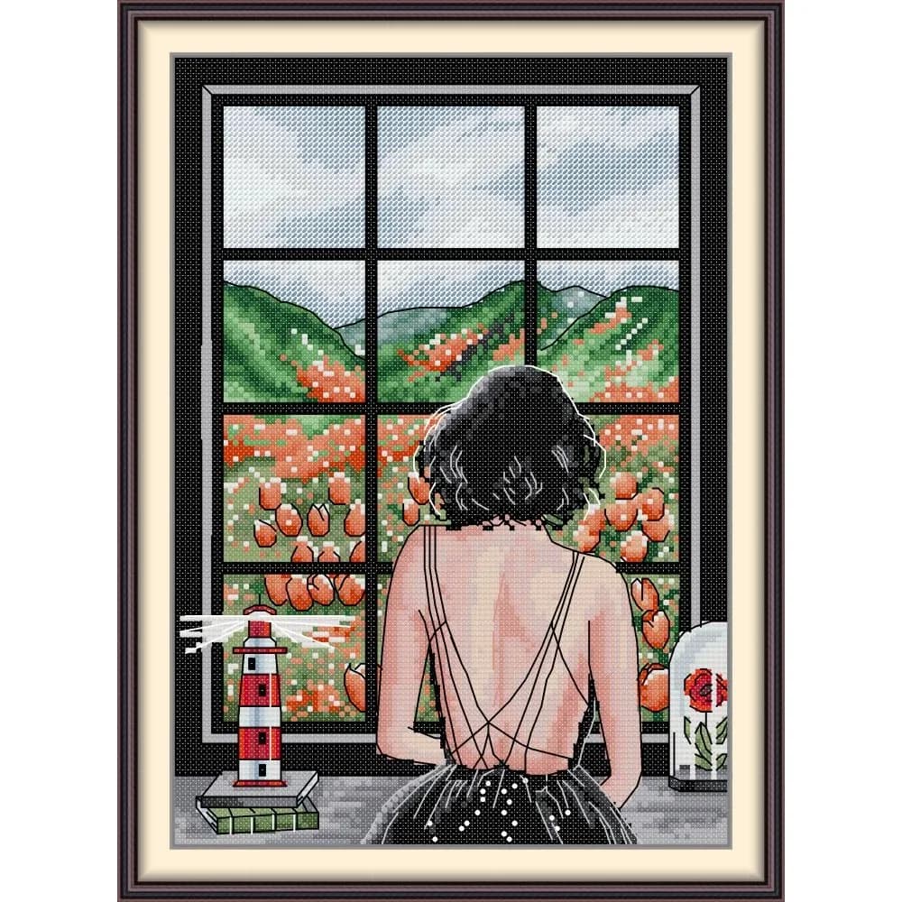 Joy Sunday News Pre-Printed Cross Stitch Kit, Stamped Aida Fabric with DMC Threads, Embroidery Kit - A Girl's Back View