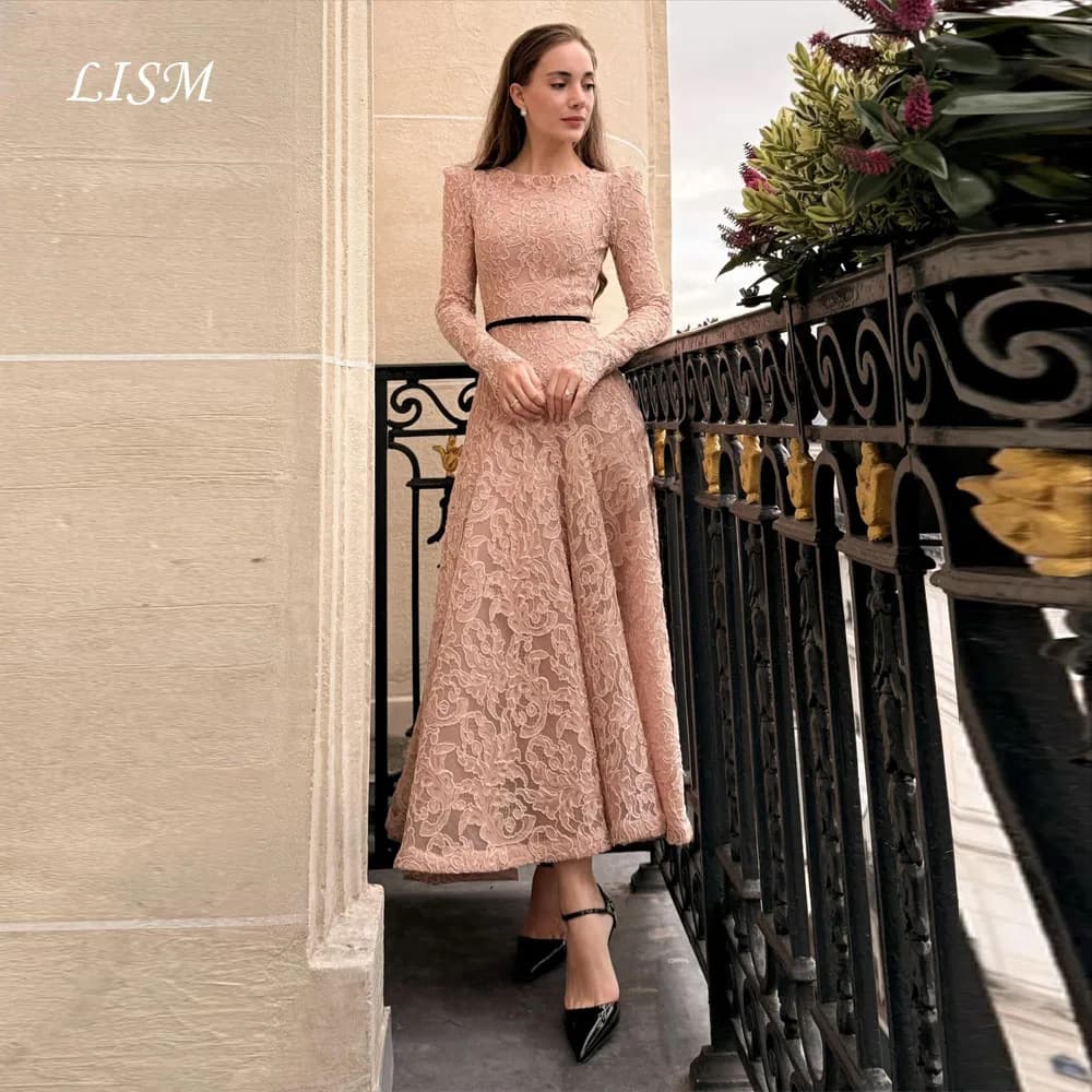 LISM O-Collo Abiti da sera rosa Principessa maniche lunghe A-Line pizzo di seta Abiti lunghi personalizzati da ballo per le donne Abiti da festa