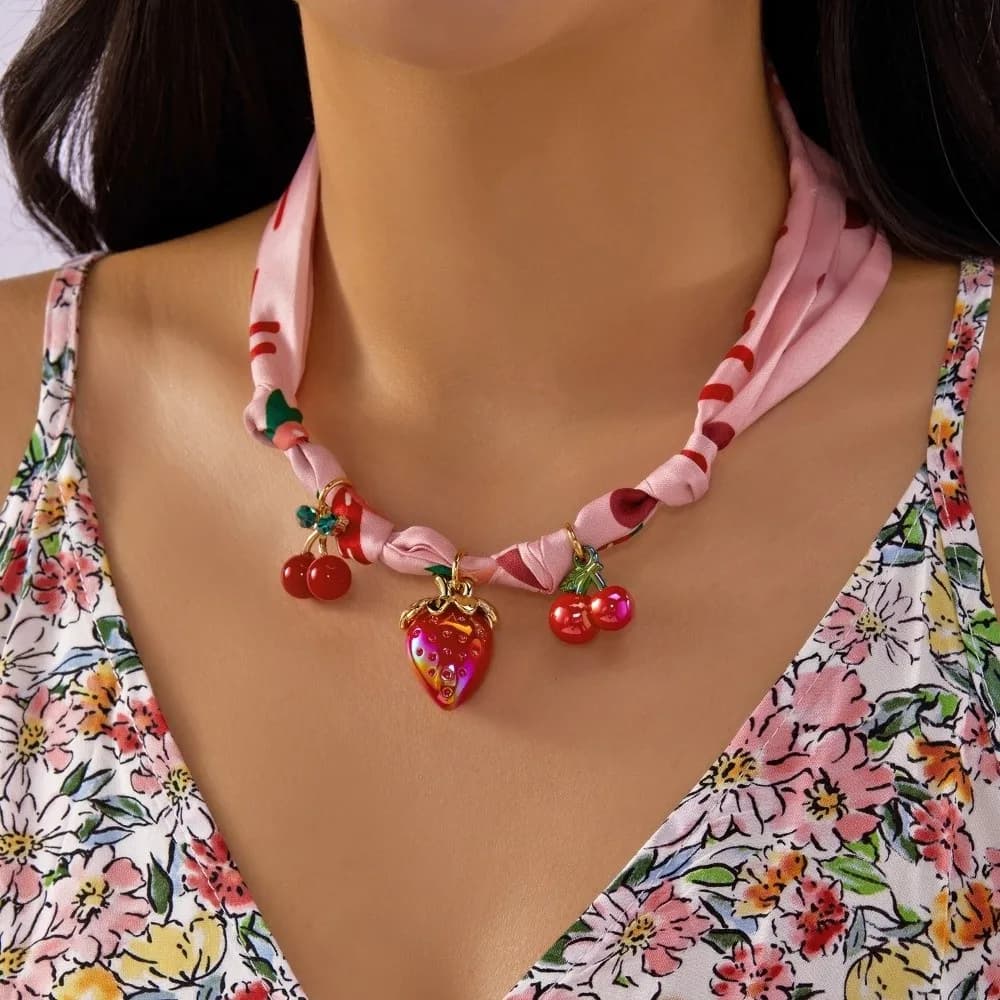 New Strawberry Scarf Cherry Sunflower Pendant Colorful Ribbon Choker Gifts